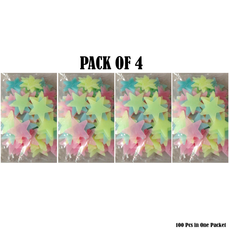 Pack Of 4 x 100 Pcs Glow In The Dark Stars Wall Stickers
